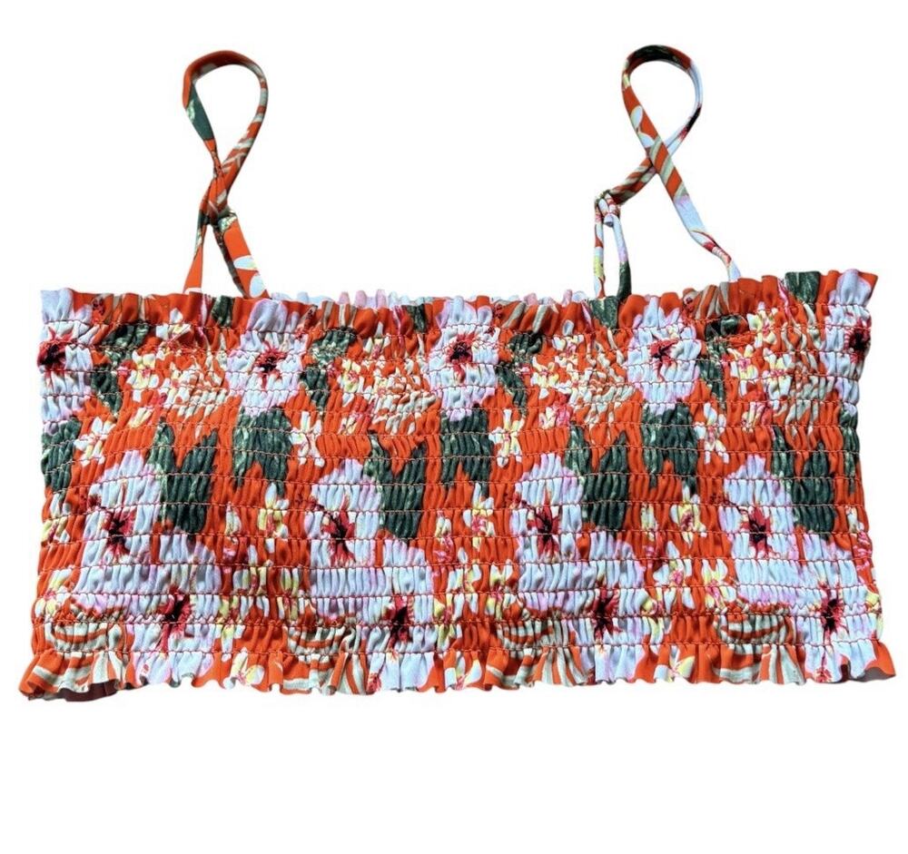Cabana Del Sol Orange Floral Smocked Crop Cami Swim Top Sz M